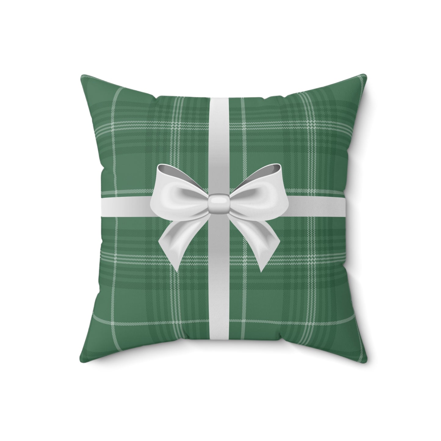 Holiday Gift Throw Pillow, White Bow on Green Plaid Wrapped Present Pillows, Christmas Home Decor Xmas Decorations