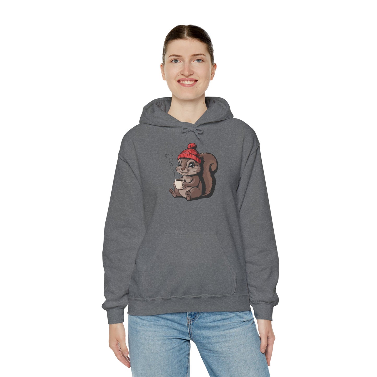 Cozy Squirrel  Pullover Hoodie Unisex Heavy Blend Hooded Sweatshirt with Squirrel in Beanie with Cup Of Coffee Graphic Print