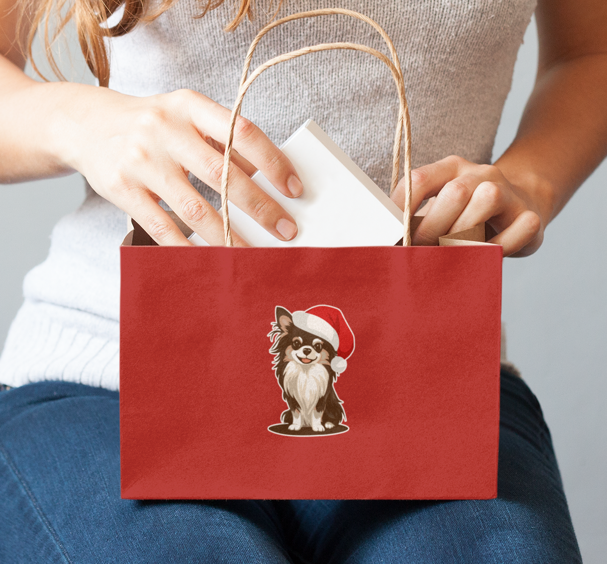 3" Christmas Long Haired Chihuahua Sticker - Santa Chihuahuas Dog Holiday Decal Stickers