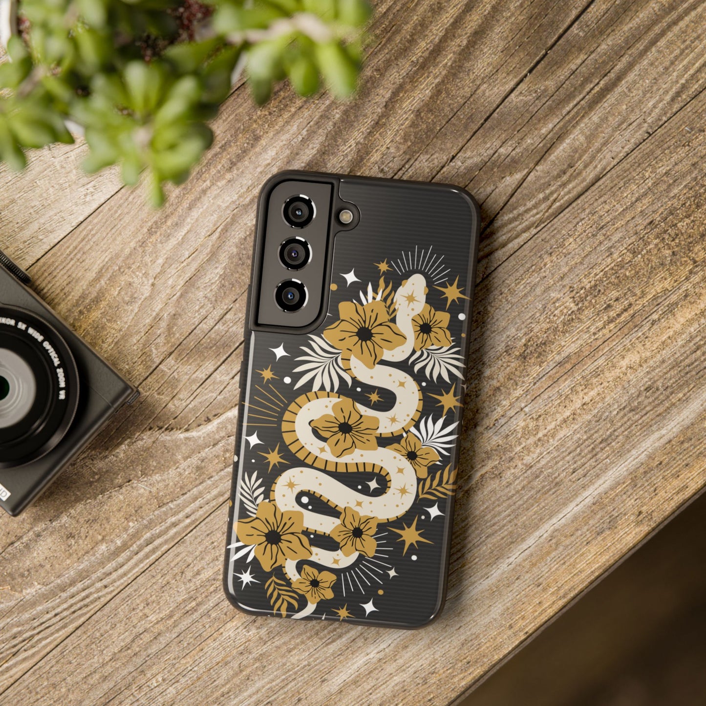 Mystic Snake Cell Phone Case, Black Tough Cases, Protective Floral Golden Serpent Boho Design