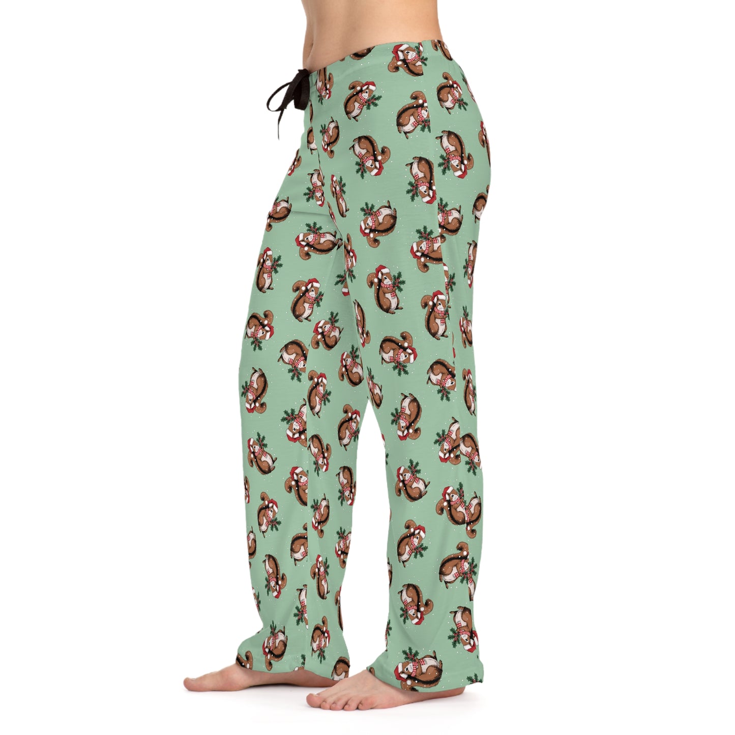 Christmas Squirrel Women's Pajama Pants, Festive Holiday Xmas Squirrels In Santa Hat Comfy Drawstring Pajamas, Cozy Winter Pajama Bottoms