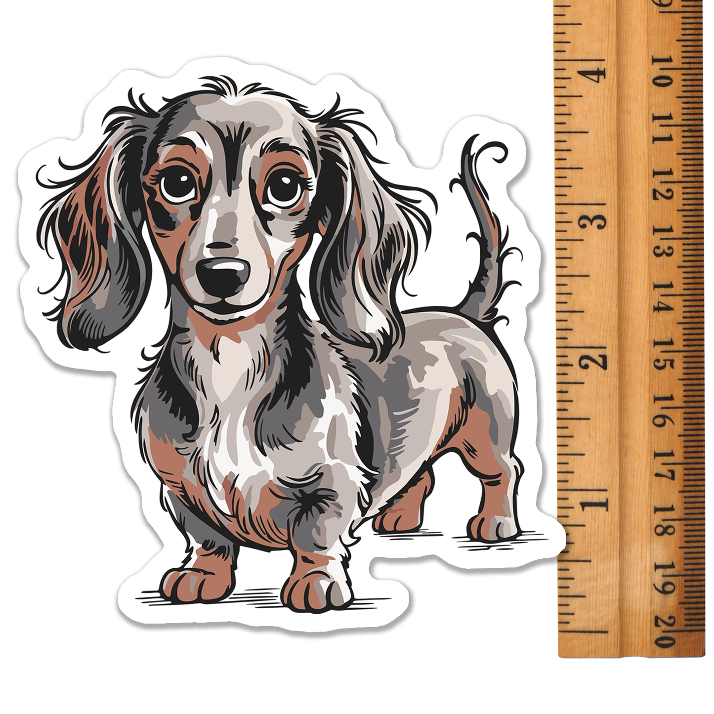 4" Long Haired Dachshund Dog Sticker - Gray & Brown Wiener Dogs Dachshunds Waterproof Vinyl Decal Stickers Long Coat Puppy