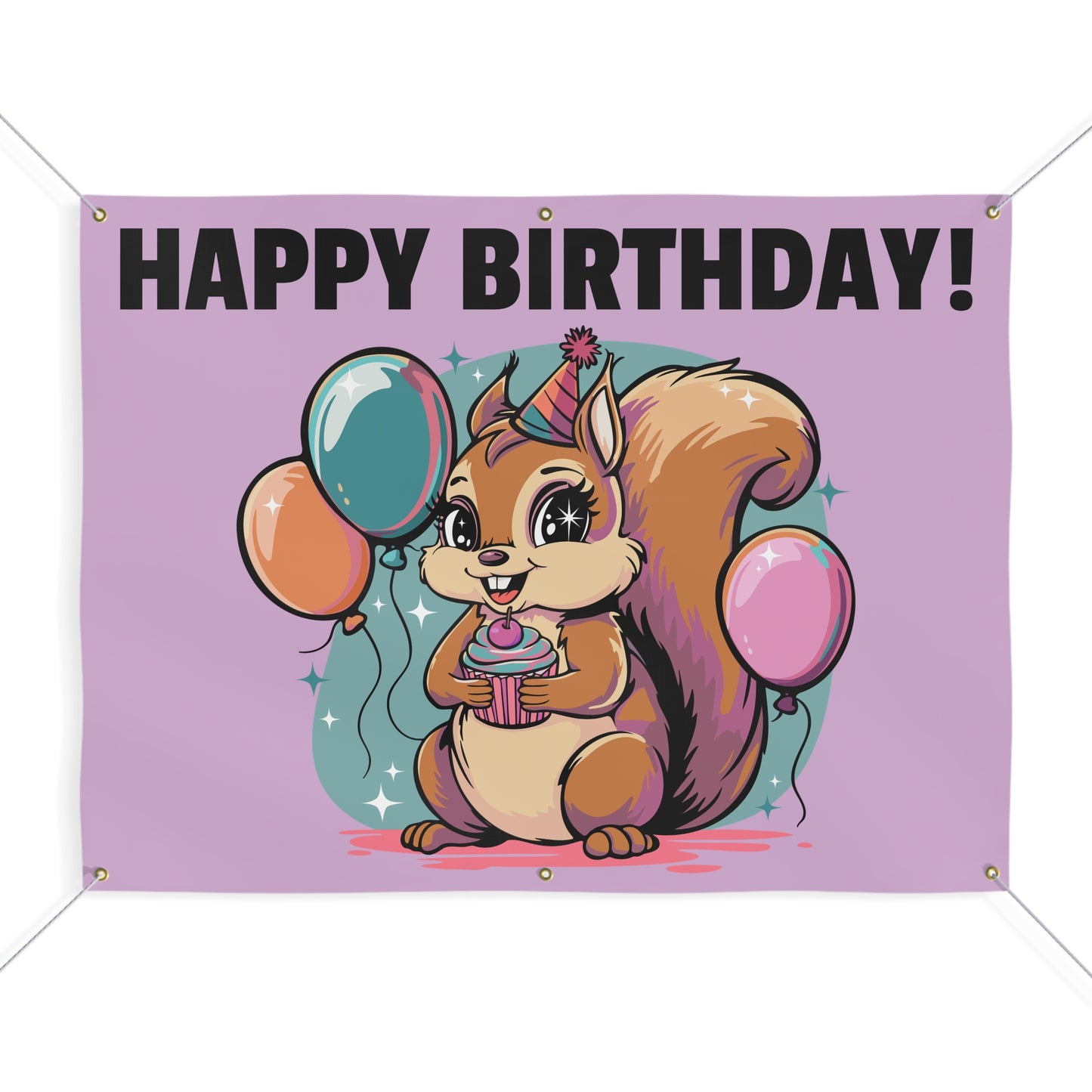 Happy Birthday Party Squirrel Banner Sign Purple Squirrels Balloons Cupcake Celebration Squirrels B-day Banners Decorations