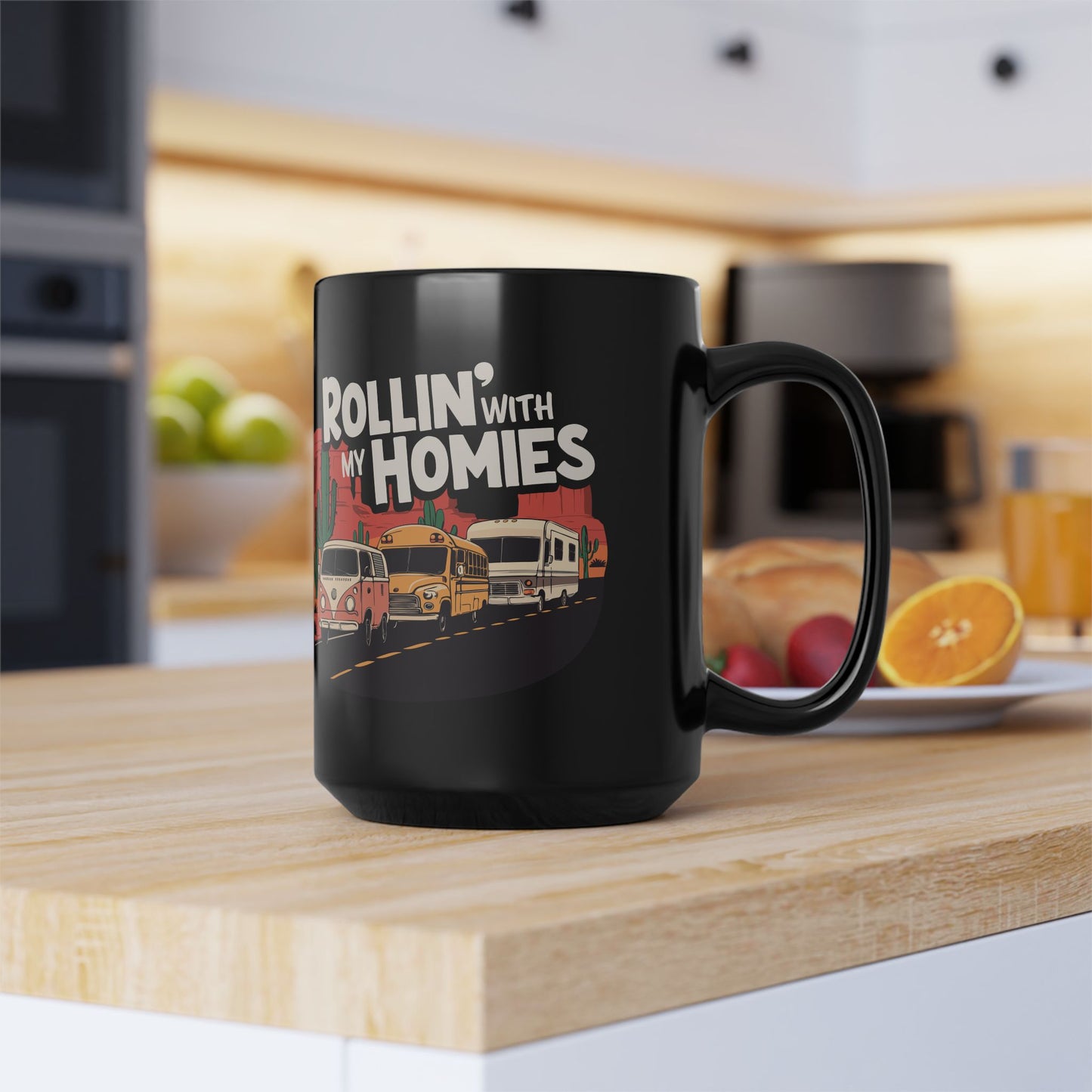 Rollin' With My Homies Coffee Mug - Van Skoolie RV Vanlife Caravan in the Desert Black Ceramic Tea Mugs (11oz, 15oz)