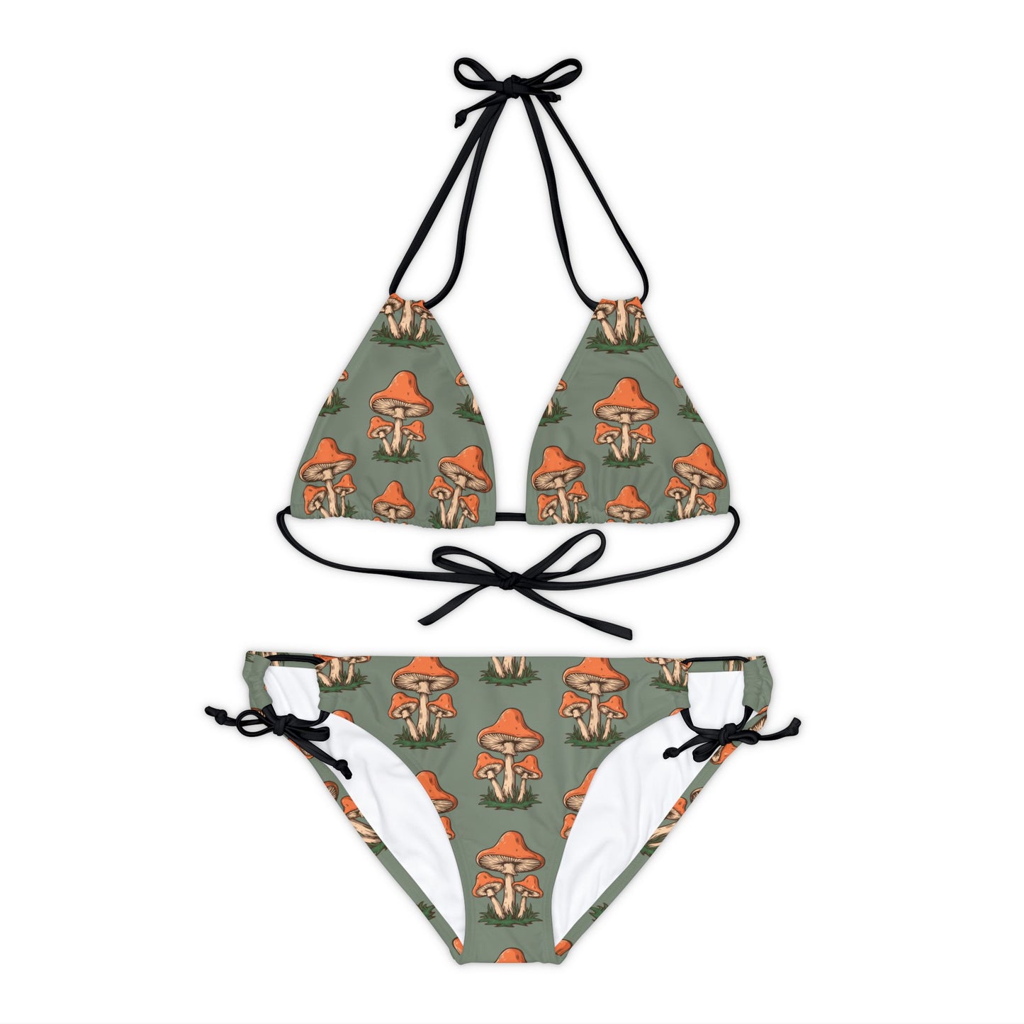 Retro Mushrooms Sage Green Strappy Bikini Set - 2 Piece Bikini Swimsuit Top & Bottom with Mushroom Print