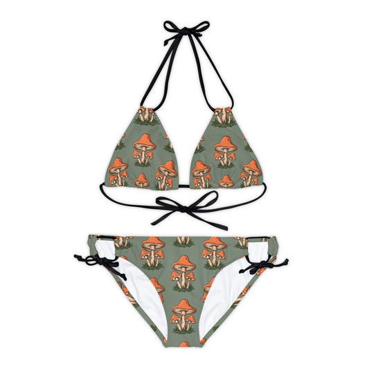 Retro Mushrooms Sage Green Strappy Bikini Set - 2 Piece Bikini Swimsuit Top & Bottom with Mushroom Print