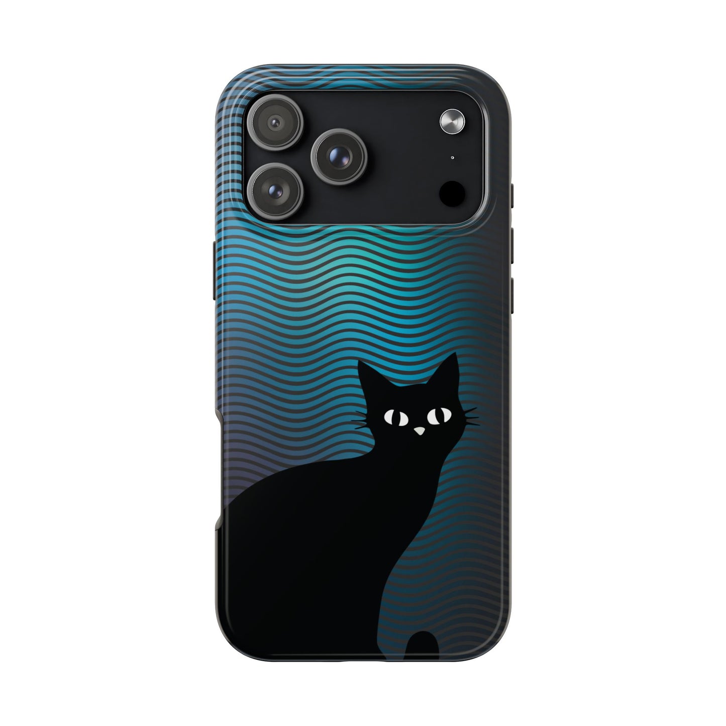 Black Cat Cell Phone Case | Peeking Kitty Graphic on Wavy Teal Background