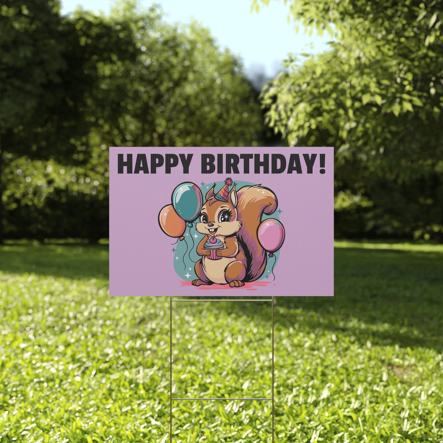 Happy Birthday Party Squirrel Plastic Yard Sign Purple Squirrels Balloons Cupcake Celebration Squirrels B-day Yard Signs