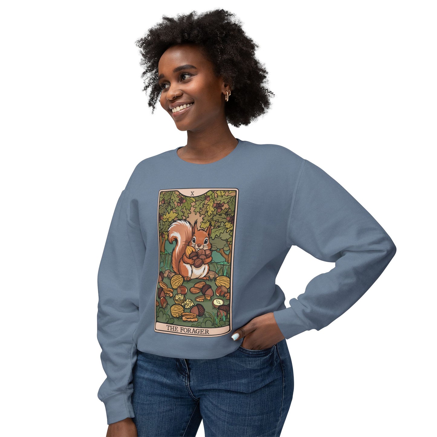 The Forager Squirrel Crewneck Sweatshirt | Autumn Woodland Tarot Card Squirrels and Nuts Illustration, Fall Lightweight Sweatshirts
