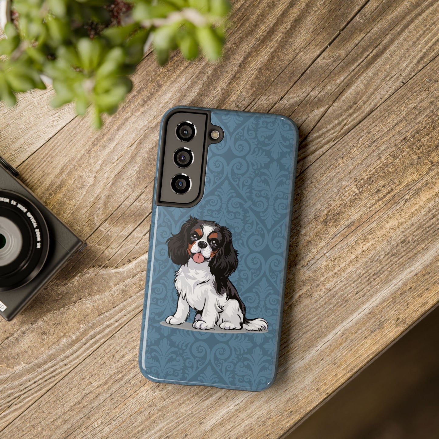 Tricolor Cavalier King Charles Spaniel Dog Phone Case, Tough Phone Cases Pet Dogs Blue Pattern