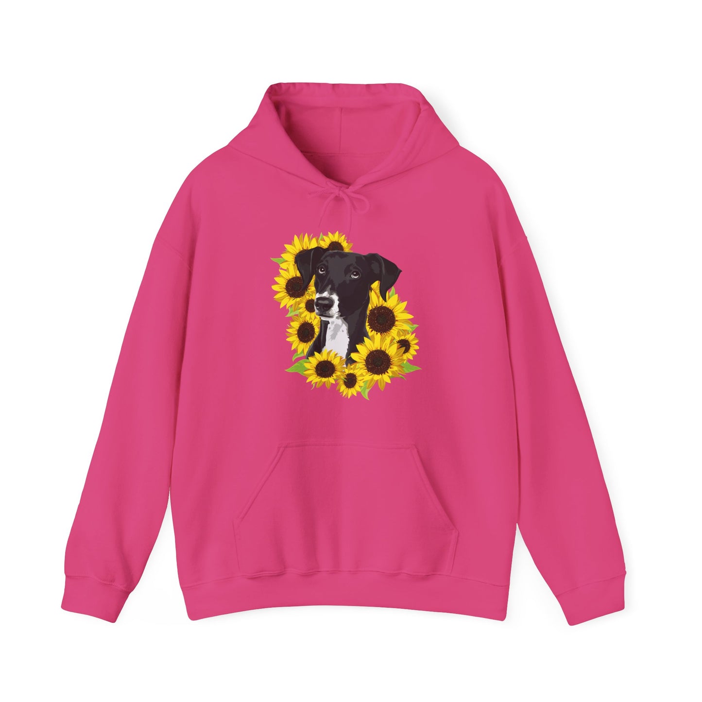 Marley Dog in Sunflowers Pullover Hoodie Hooded Sweatshirt with Black Lab Dog with Sunflower Art Print