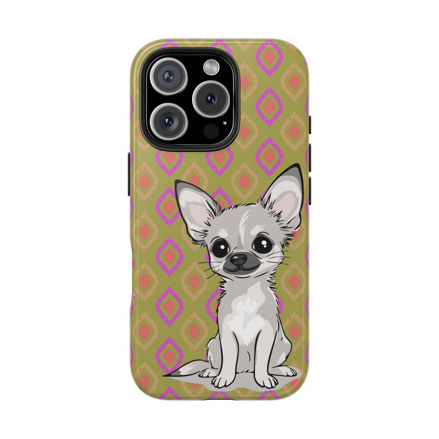 White Chihuahua Puppy Dog Phone Case, Tough Phone Cases Pet Dogs Retro Green  Pattern