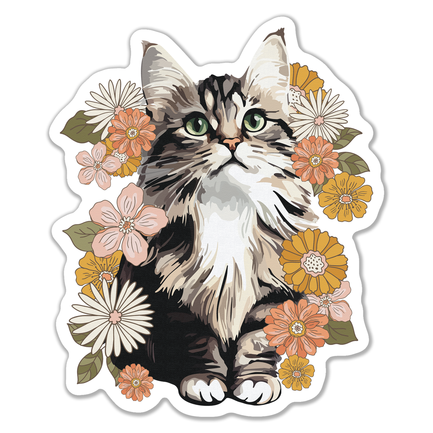 4" Fluffy Kitty In Flowers Sticker - Waterproof, Fade-Resistant Decal Stickers Floral Cat Design