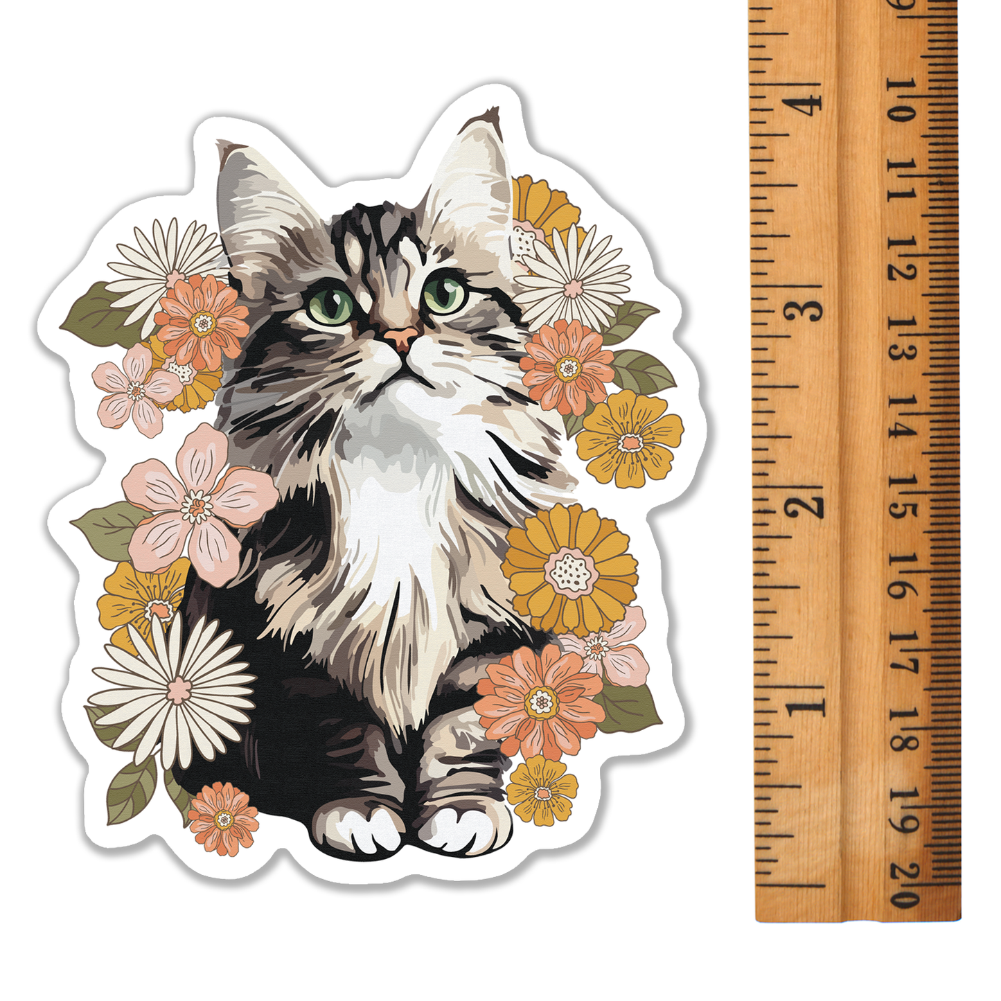 4" Fluffy Kitty In Flowers Sticker - Waterproof, Fade-Resistant Decal Stickers Floral Cat Design