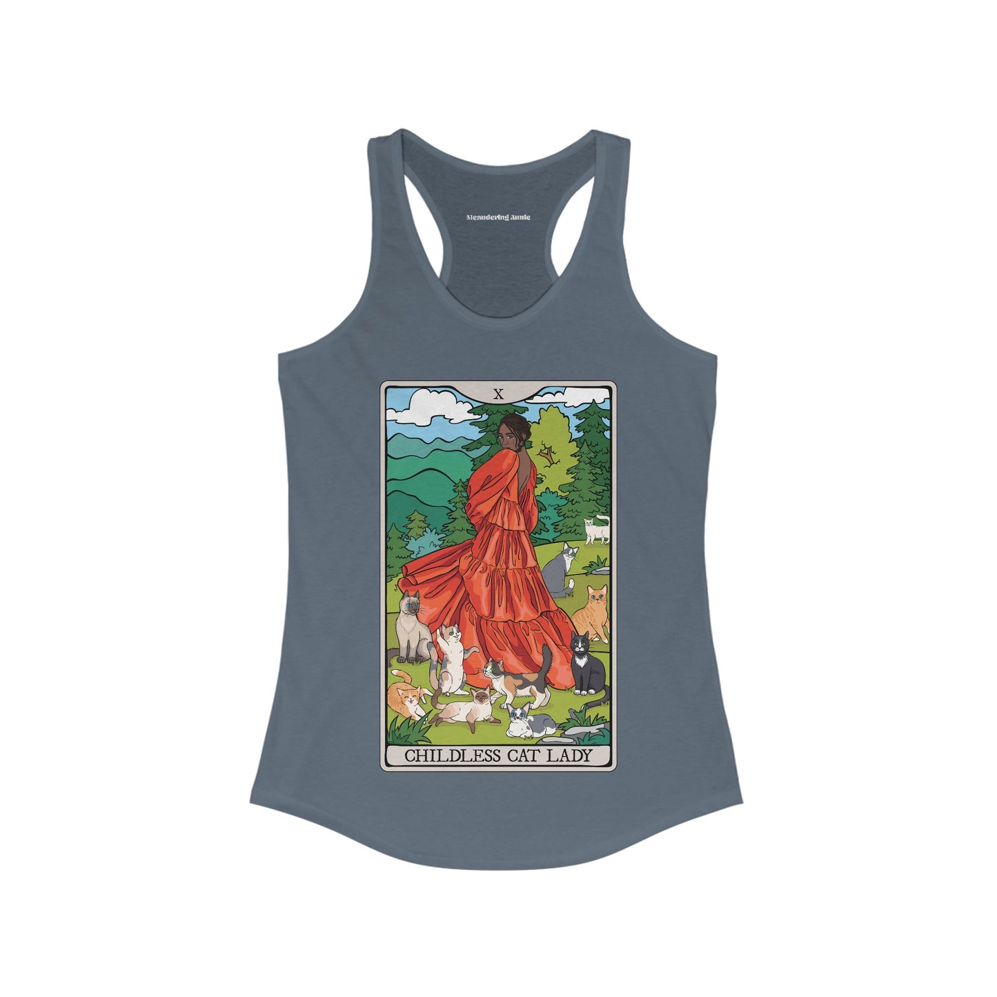 Childless Cat Lady Tarot Card Women's Racerback Tank Top Child-Free Cat Mom Shirt with Woman and Cats Design - POC Dark Skin Tone