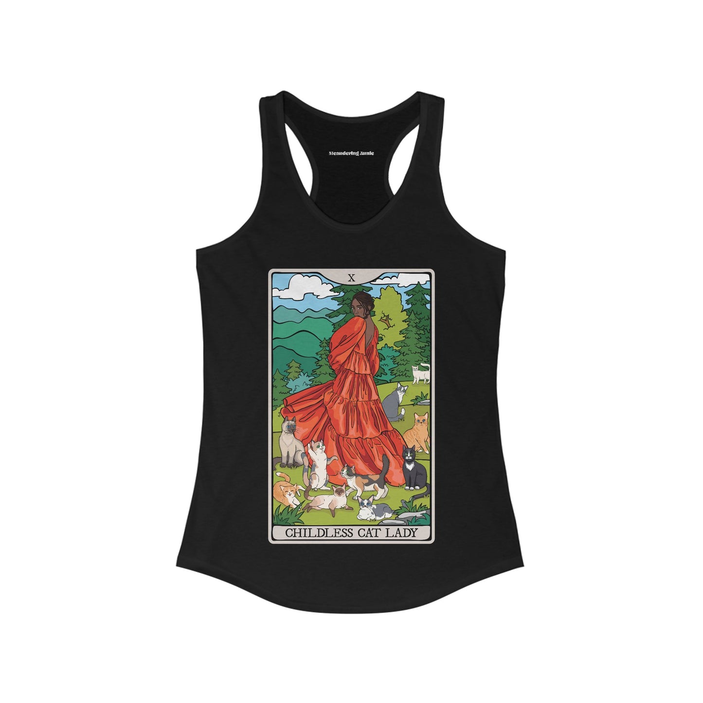 Childless Cat Lady Tarot Card Women's Racerback Tank Top Child-Free Cat Mom Shirt with Woman and Cats Design - POC Dark Skin Tone