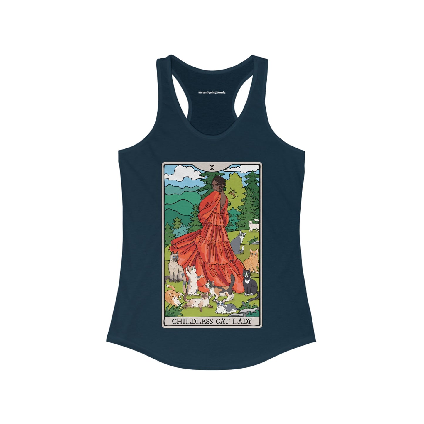 Childless Cat Lady Tarot Card Women's Racerback Tank Top Child-Free Cat Mom Shirt with Woman and Cats Design - POC Dark Skin Tone