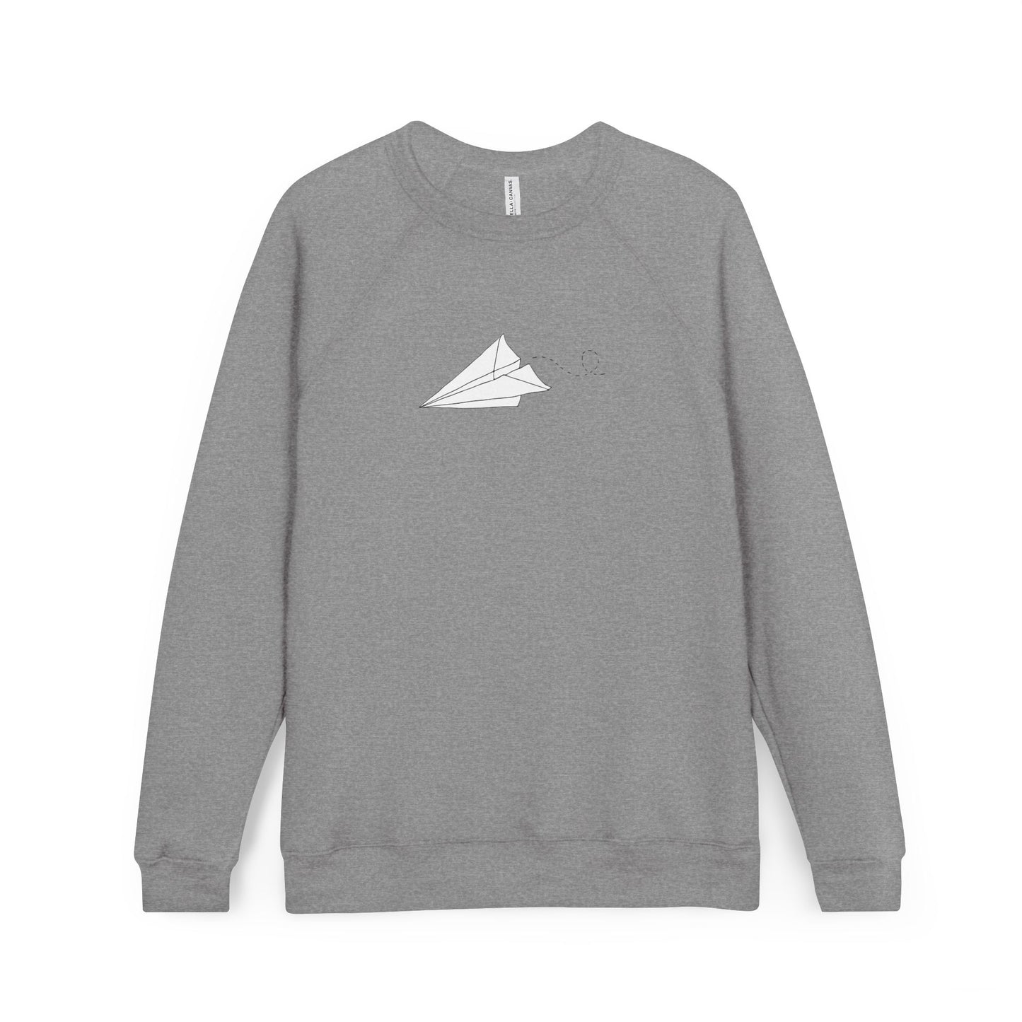 Paper Airplane Sweatshirt | Flying Origami Plane Graphic on Heather Gray Raglan Fleece Sweater, Long Sleeve Top