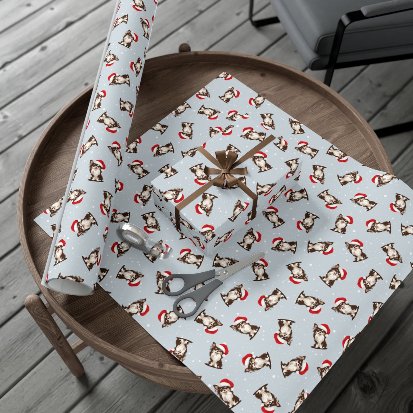 Long Haired Chihuahua Dog Christmas Wrapping Paper, Dogs Print, Cheery Holiday Gift Wrap With Snowy Xmas Puppy In Santa Hat