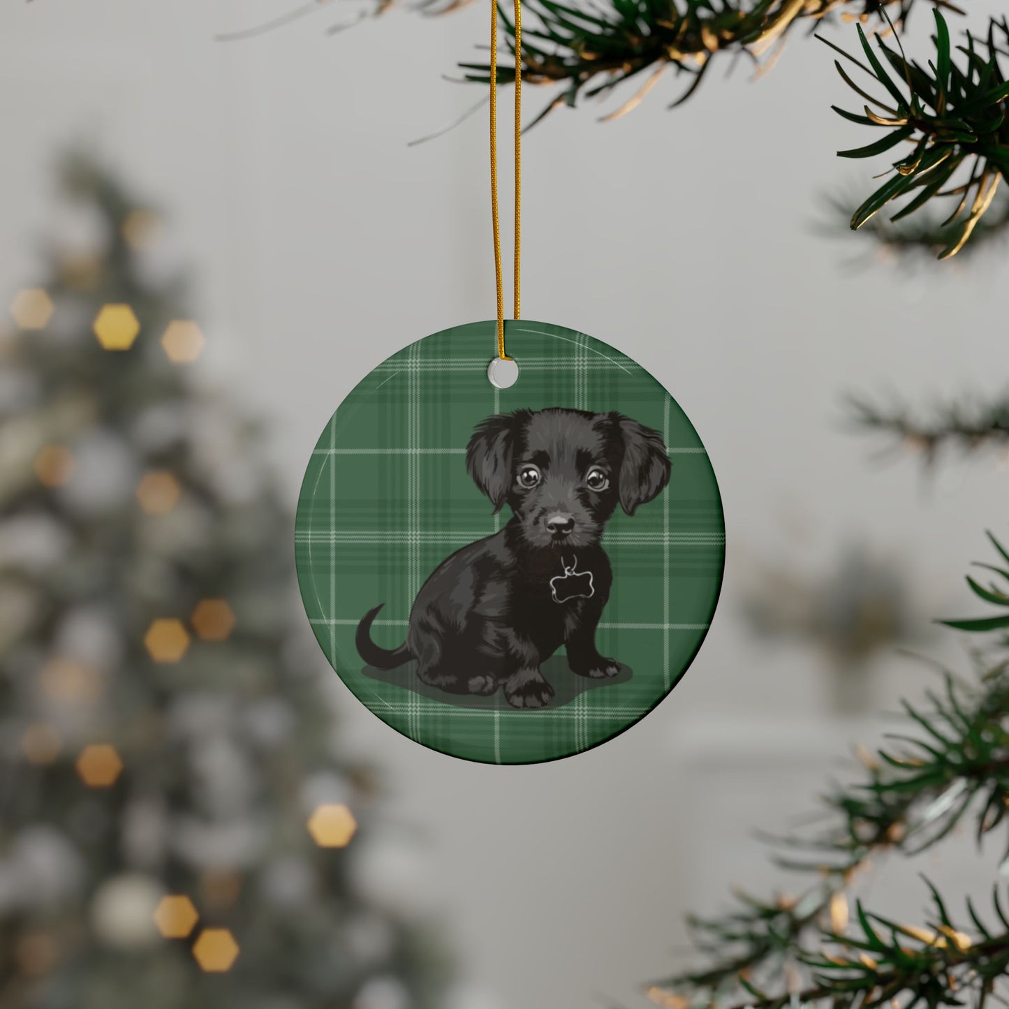 Black Chiweenie Puppy Dogs Green Plaid Christmas Tree Ornament, Festive Xmas Holiday Decorations 1, 3, 5, 10 Pack Ornaments