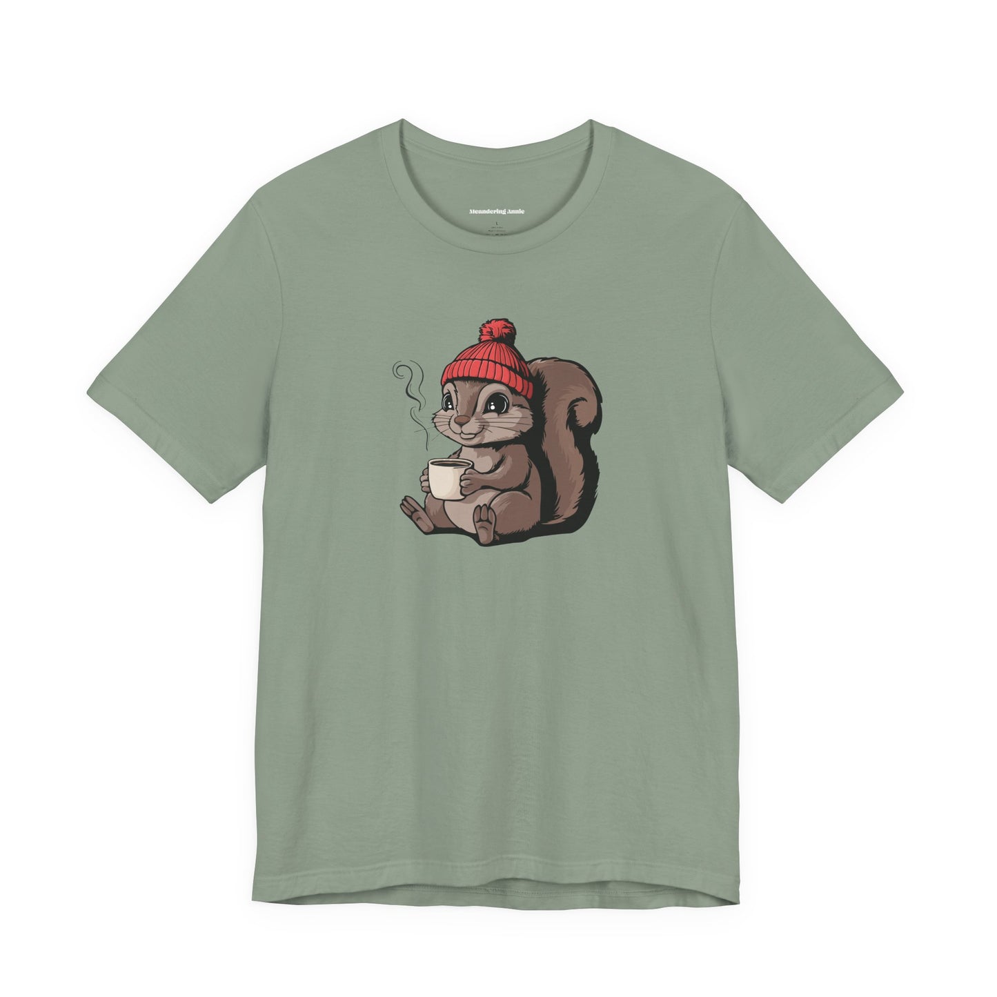 Cozy Squirrel with Coffee T-Shirt | Cute Fall Squirrels Woodland Animal Tee, Short Sleeve Graphic Print Shirts