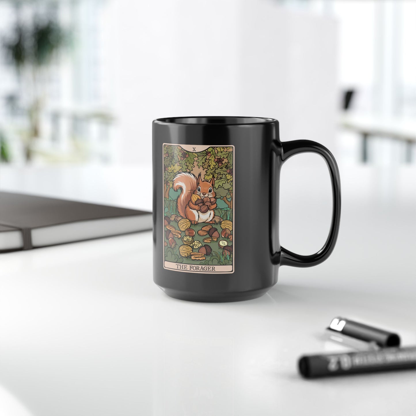 Forager Squirrel Tarot Card Coffee Mug | Black Ceramic Coffee Cup Foraging Squirrels and Nuts Artwork 15 Ounce Mugs