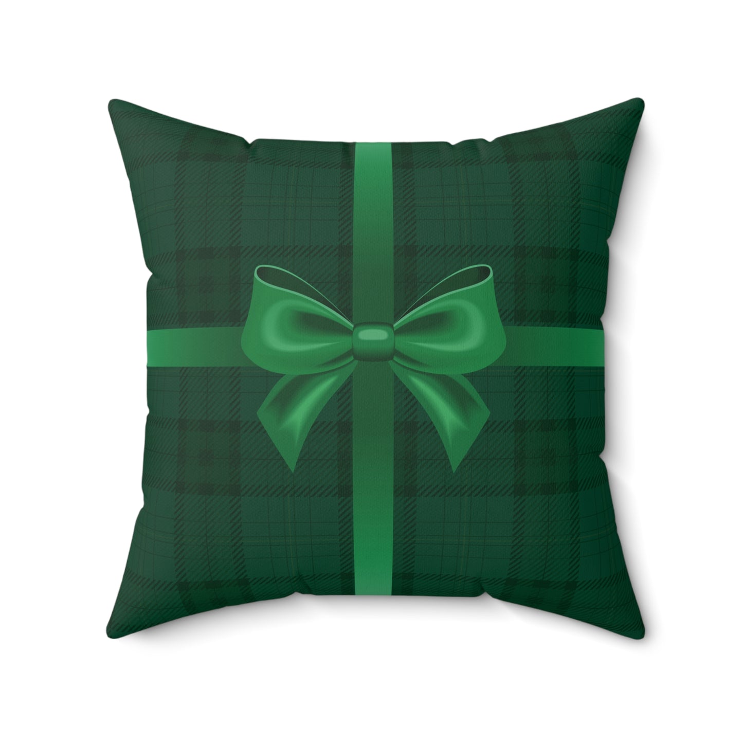 Holiday Gift Throw Pillow, Green Bow on Green Plaid Wrapped Present Pillows, Christmas Home Decor Xmas Decorations, Square Cushion and Cover