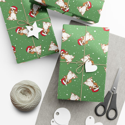 Blenheim Cavalier King Charles Spaniel Dog Christmas Wrapping Paper, Dogs Print, Green Holiday Gift Wrap With Snowy Xmas Puppy Santa Hat