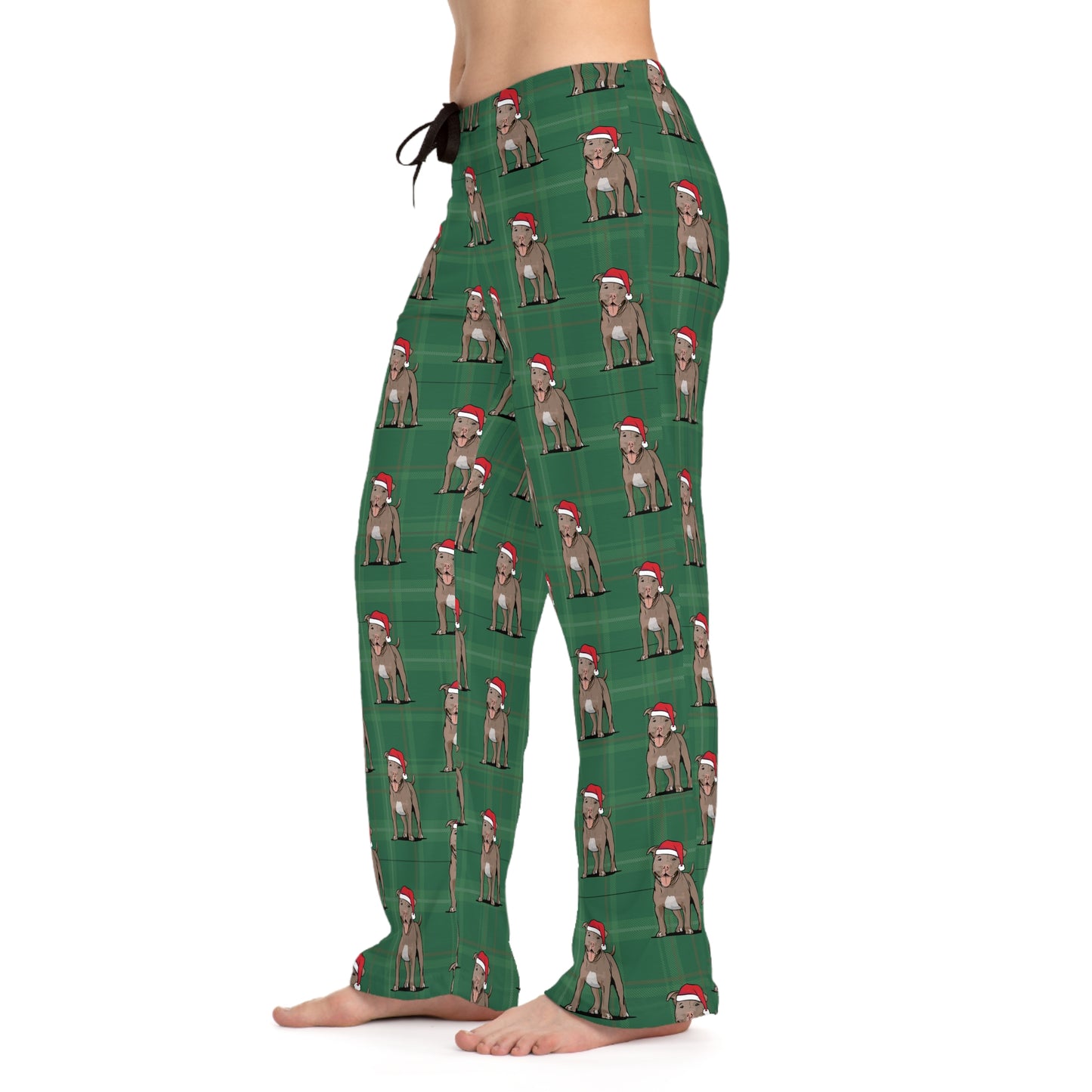 Green Plaid Pit Bull Dog  Women's Christmas Pajama Pants, Santa Pitbull Dogs PJ Bottoms, Cozy Winter Loungewear, Matching Holiday Sleepwear