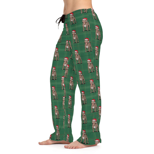 Green Plaid Pit Bull Dog  Women's Christmas Pajama Pants, Santa Pitbull Dogs PJ Bottoms, Cozy Winter Loungewear, Matching Holiday Sleepwear