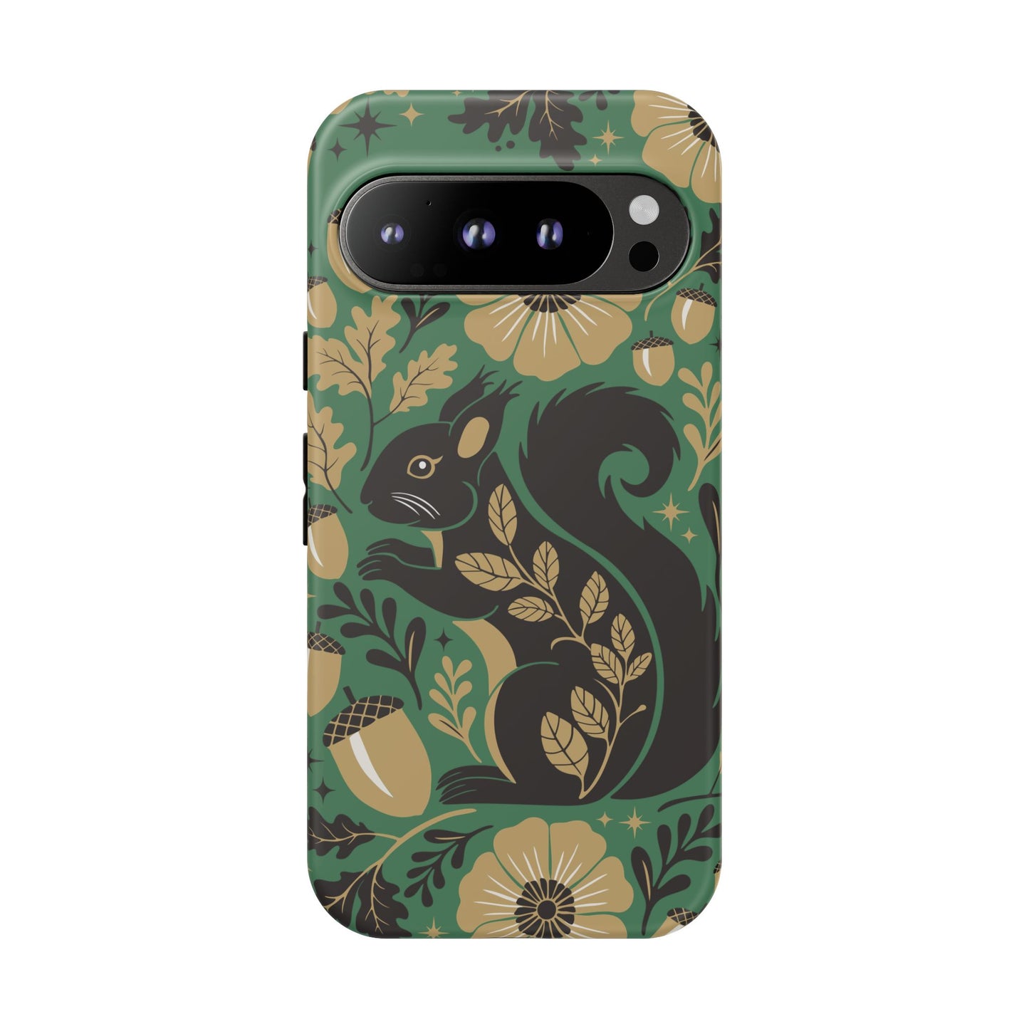 Green Squirrel Floral Pattern Cell Phone Case | Botanical Folk Art Acorn Leaves Design, Iphone Google Pixel Samsung Cases Matte Finish