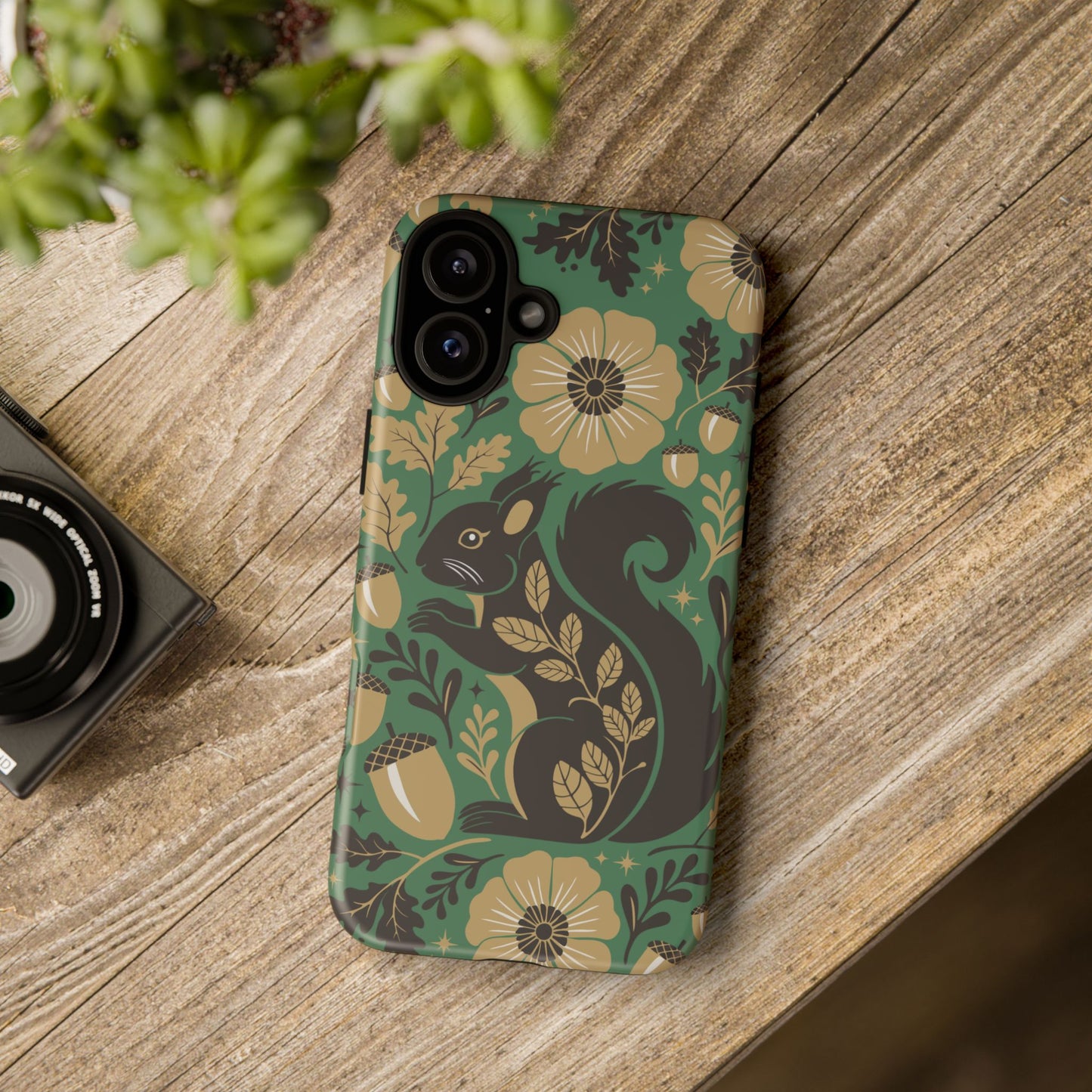 Green Squirrel Floral Pattern Cell Phone Case | Botanical Folk Art Acorn Leaves Design, Iphone Google Pixel Samsung Cases Matte Finish