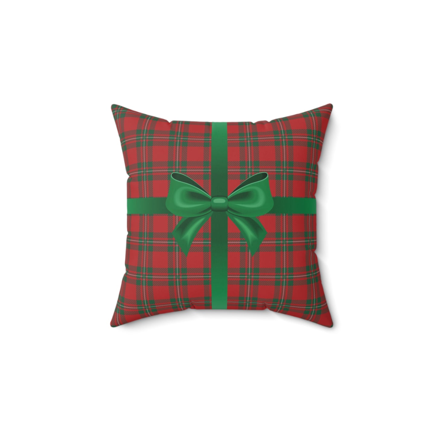 Holiday Gift Throw Pillow, Green Bow on Red Plaid Wrapped Present Pillows, Christmas Home Decor Xmas Decorations, Square Cushion and Cover