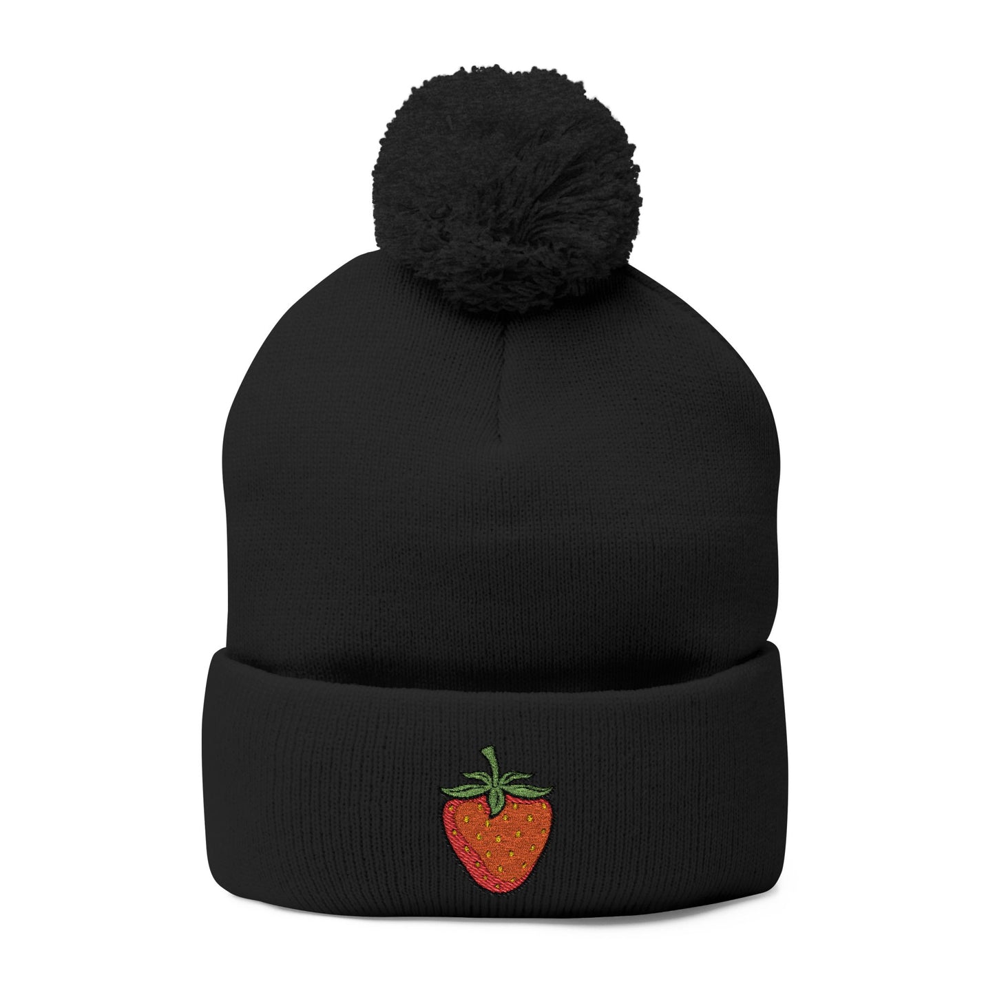 Strawberry Embroidered Pom-Pom Knit Beanie Cap | Berries Winter Cuffed Beanies with Fruit Embroidery