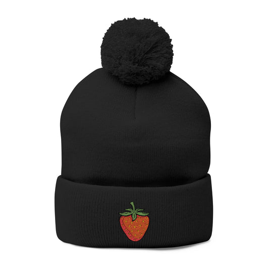 Strawberry Embroidered Pom-Pom Knit Beanie Cap | Berries Winter Cuffed Beanies with Fruit Embroidery