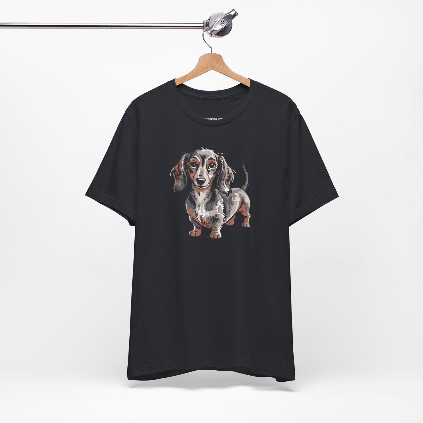 Long Haired Dachshund Dog Illustration T-shirt | Cute Wiener Dogs Tee, 100% Cotton Short Sleeve Shirts