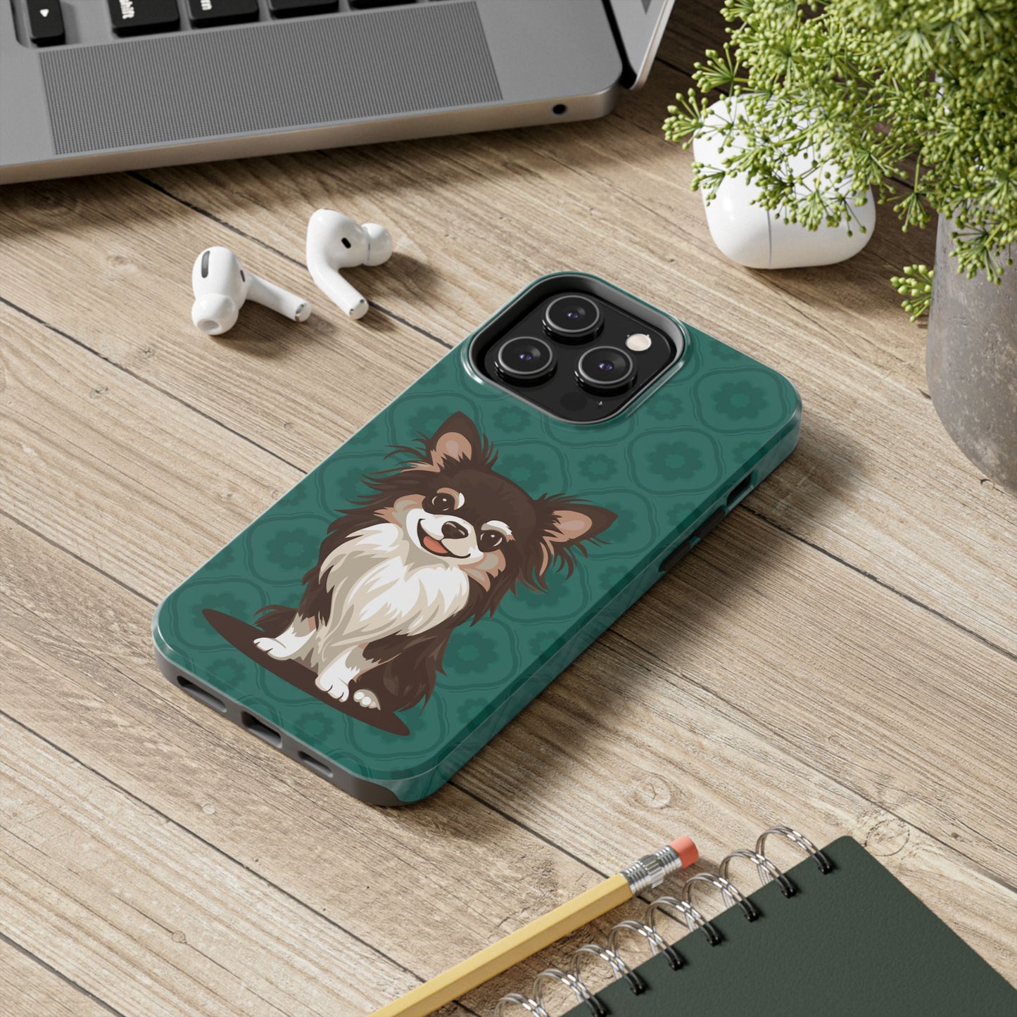 Long Haired Chihuahua Dog Phone Case, Tough Phone Cases Pet Dogs Teal Pattern