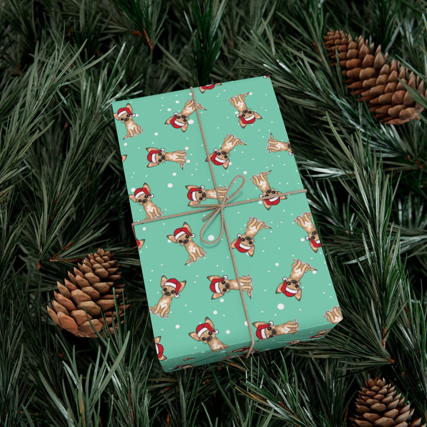 Chihuahua Dog Christmas Wrapping Paper, Puppy Dogs Print, Cheery Mint Green Holiday Gift Wrap With Snowy Xmas Puppies In Santa Hat