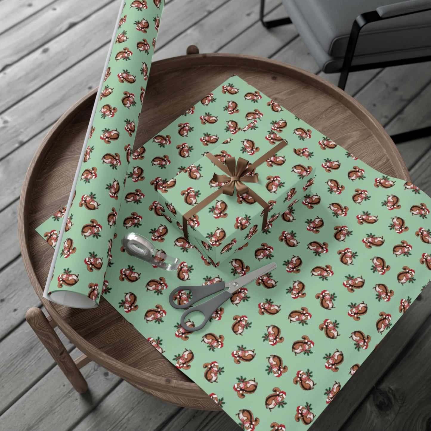 Squirrel Christmas Wrapping Paper, Festive Snowy Santa Squirrels Holiday Print, Sage Green Gift Wrap Xmas