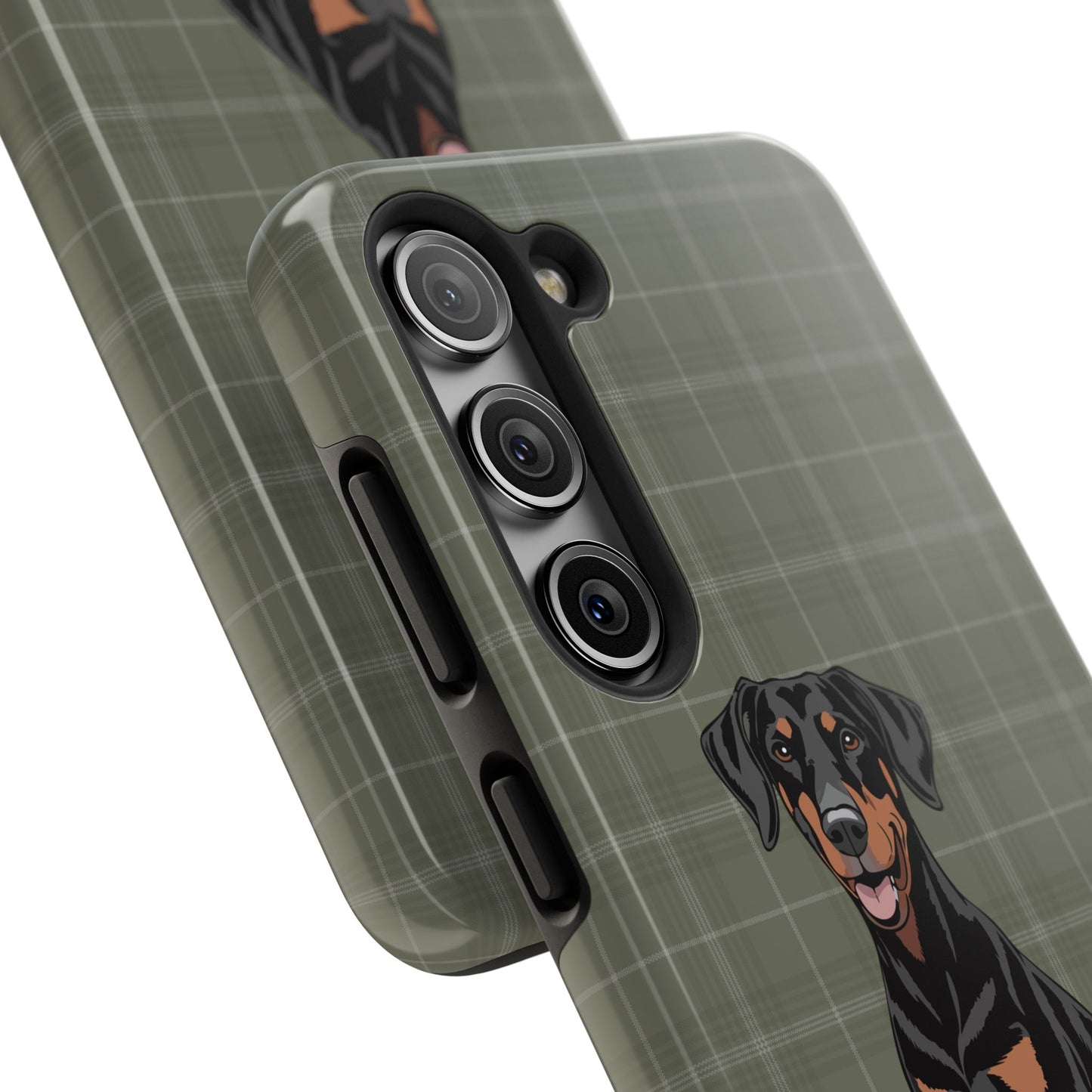 Doberman Pinscher Dog Phone Case, Tough Phone Cases Pet Dogs Green Plaid Pattern