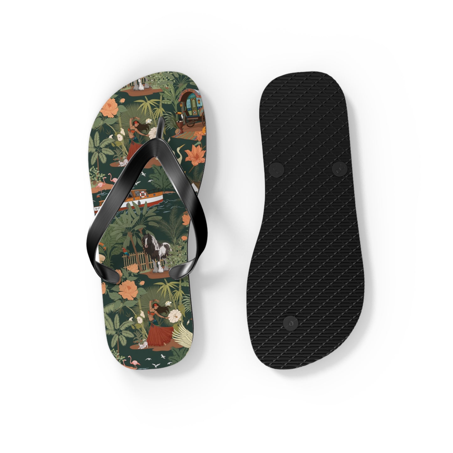 Tropical Nomad Floral Island Flip Flops | Vintage Travel Birds Pattern Sandals