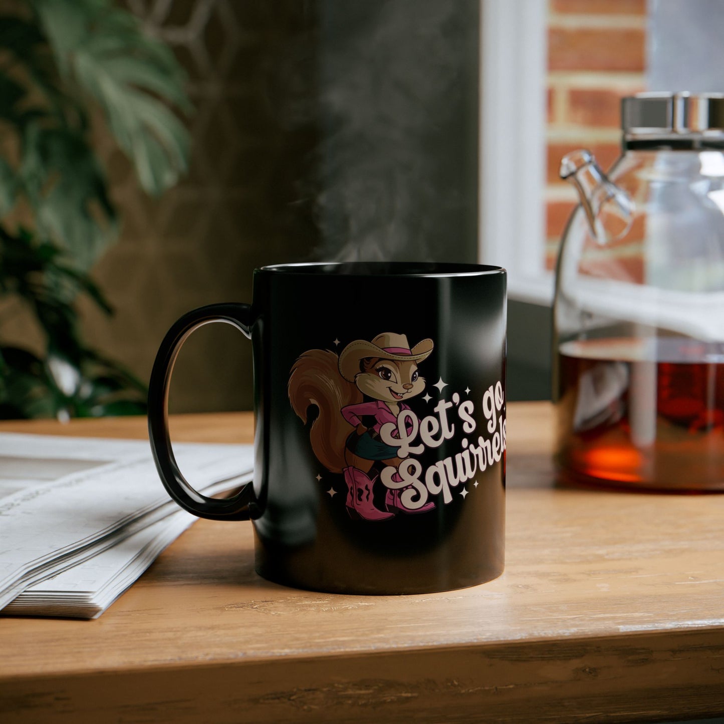 Let's Go Squirrels Black Ceramic Coffee Mug 11oz - Ceramic Mug with Fun Squirrel Print