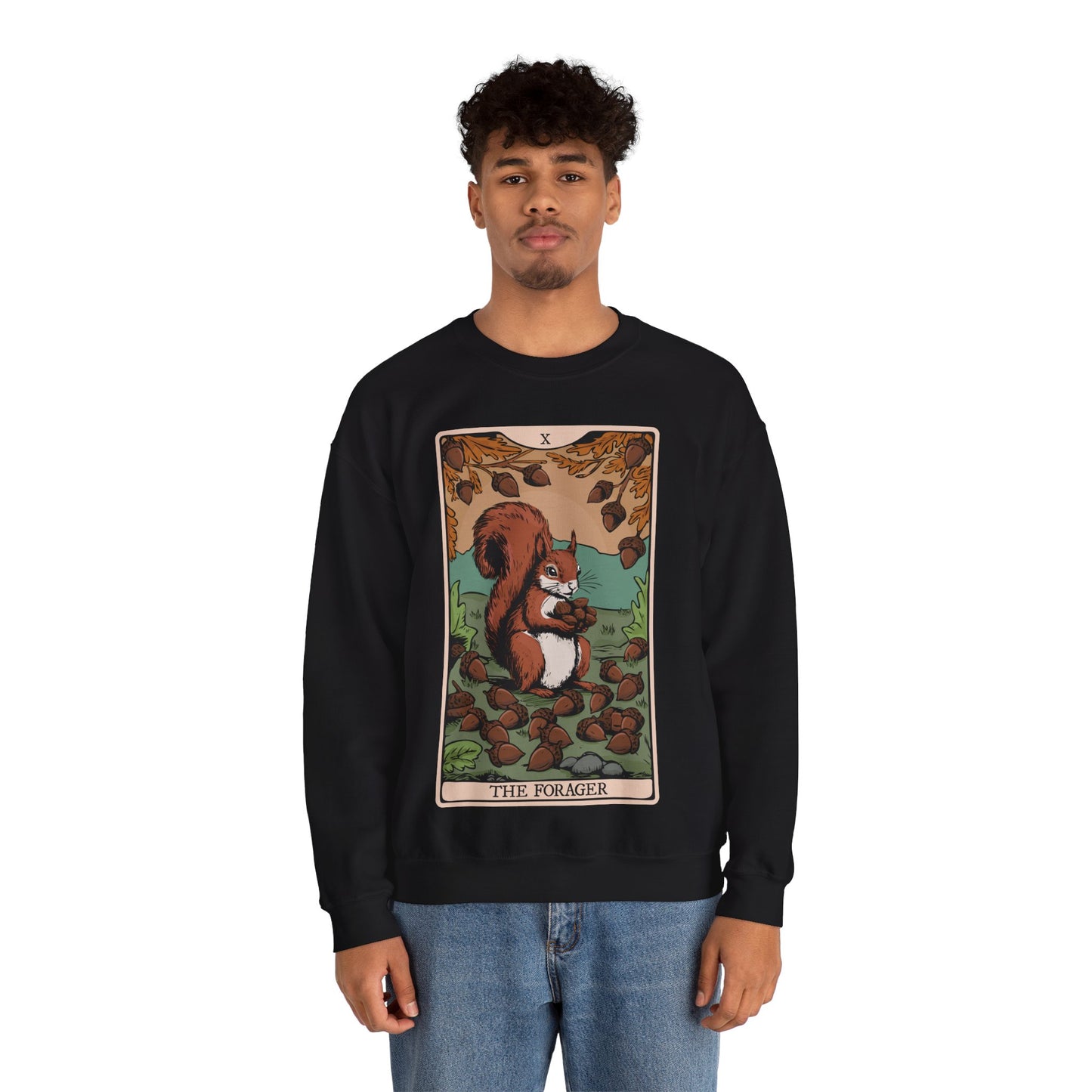 The Forager Squirrel Tarot Card Crewneck Sweatshirt, Long Sleeve Pullover Sweatshirts with Nut Foraging Squirrels Tarot Cards Print