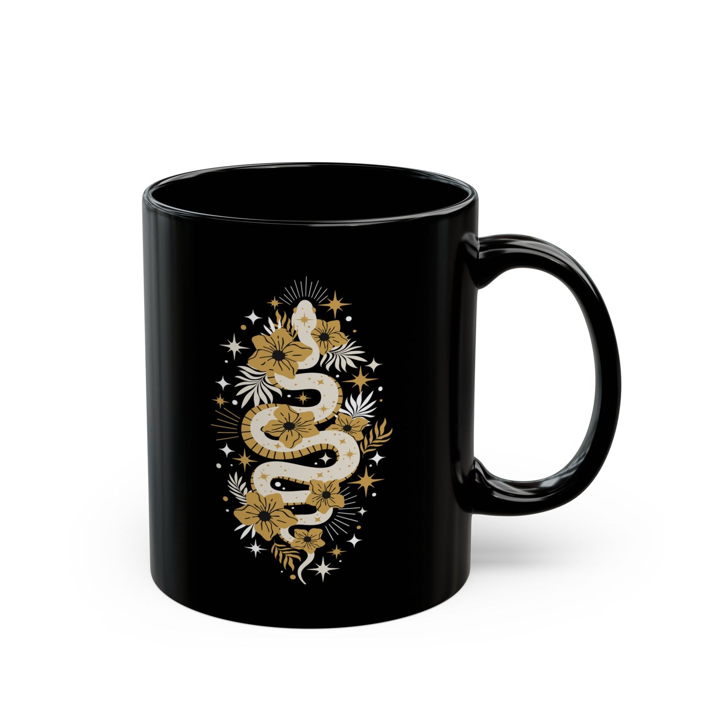Mystic Golden Snake Black Mug, Boho Ceramic Coffee Cup, Unique Serpent Design, Coffee Mugs 11oz or 15oz Size