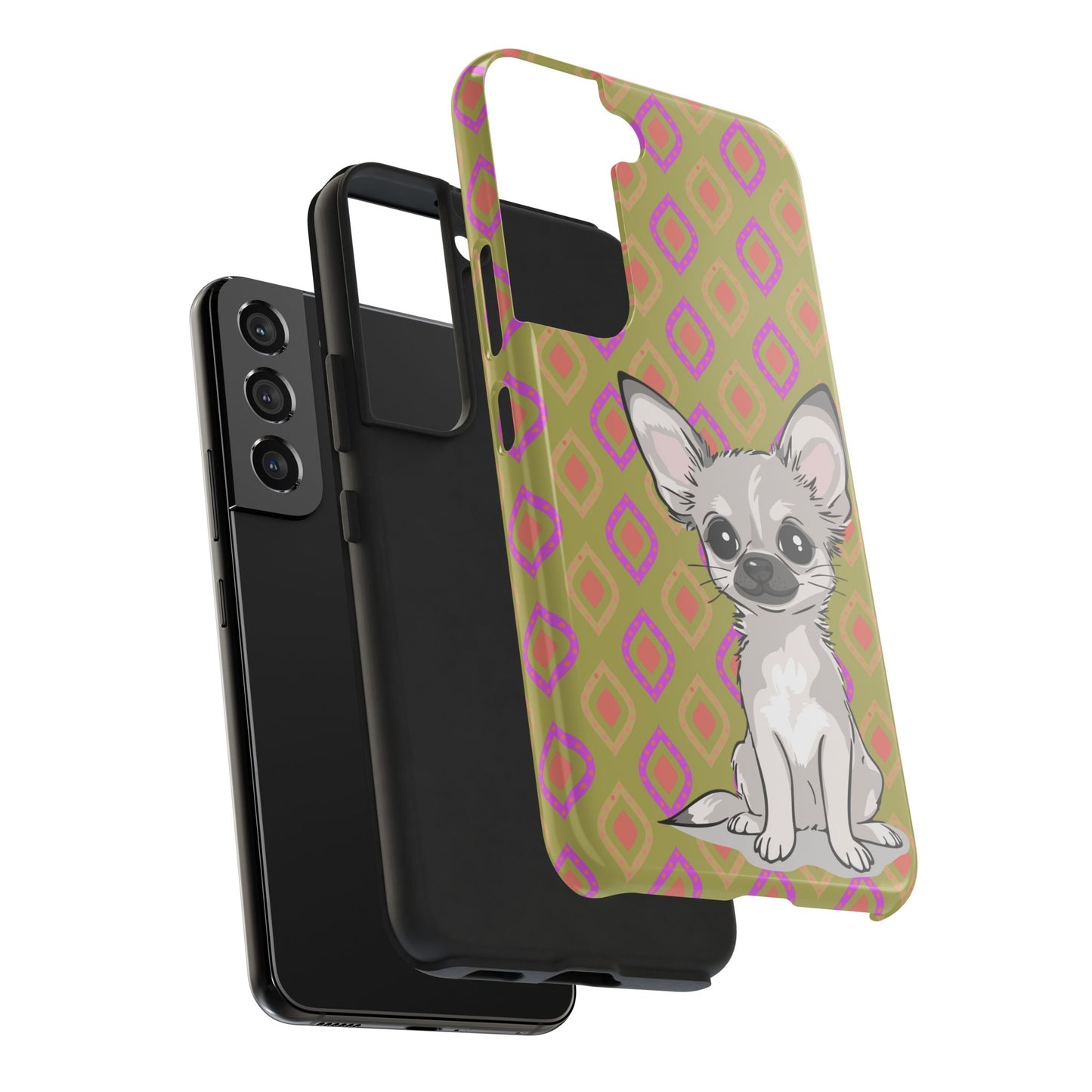 White Chihuahua Puppy Dog Phone Case, Tough Phone Cases Pet Dogs Retro Green  Pattern