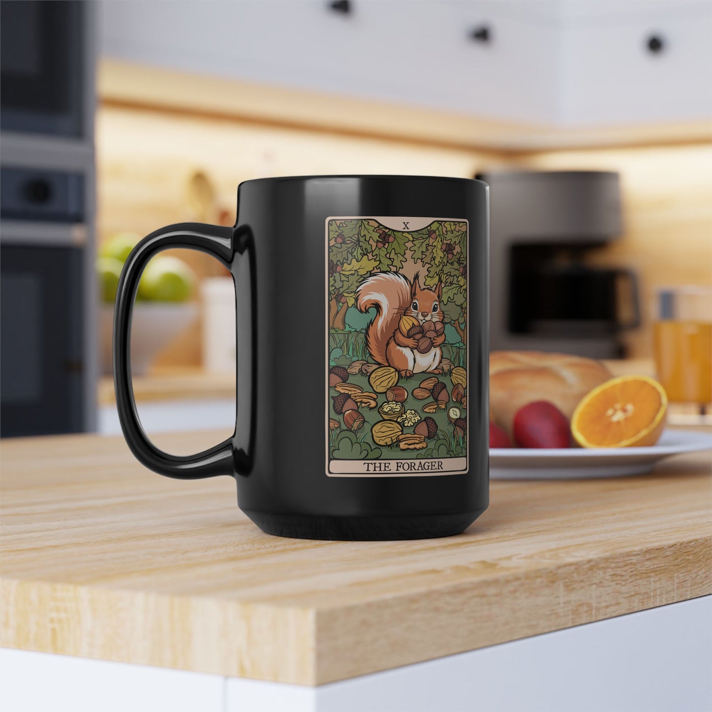 Forager Squirrel Tarot Card Coffee Mug | Black Ceramic Coffee Cup Foraging Squirrels and Nuts Artwork 15 Ounce Mugs