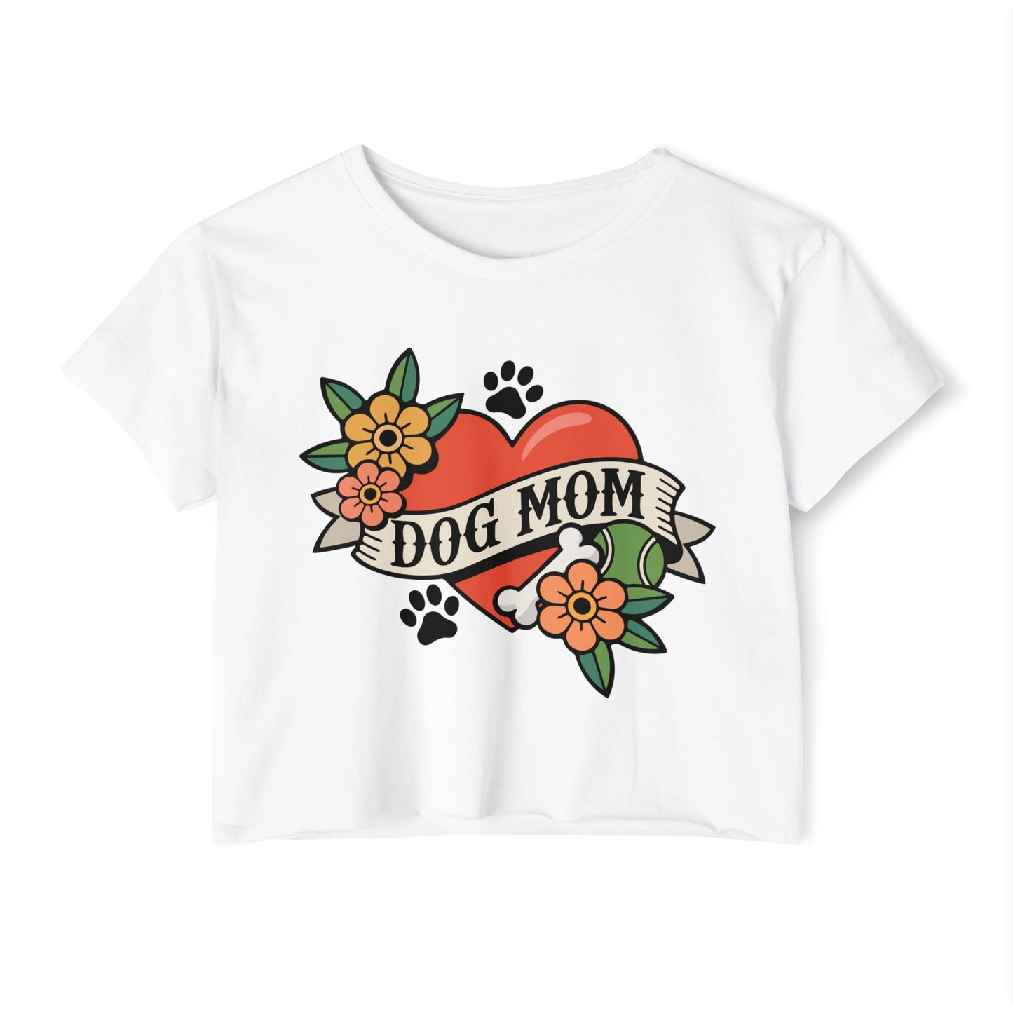 Dog Mom Heart Tattoo Crop Top | Retro Artwork Cropped T-shirt Floral Dogs Paw Print Design, Childless Dog Lady Pet Owner Tattoos Tee
