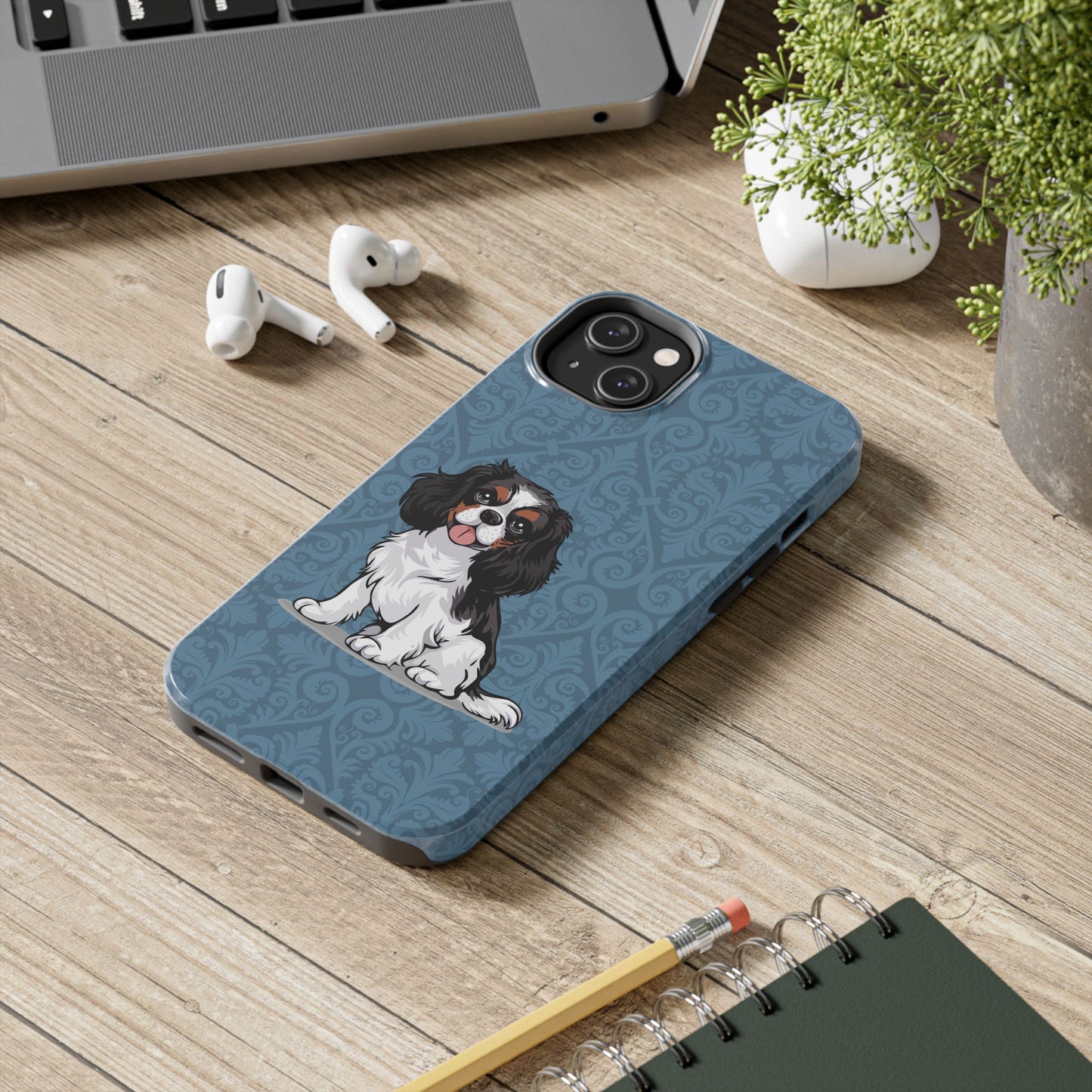 Tricolor Cavalier King Charles Spaniel Dog Phone Case, Tough Phone Cases Pet Dogs Blue Pattern