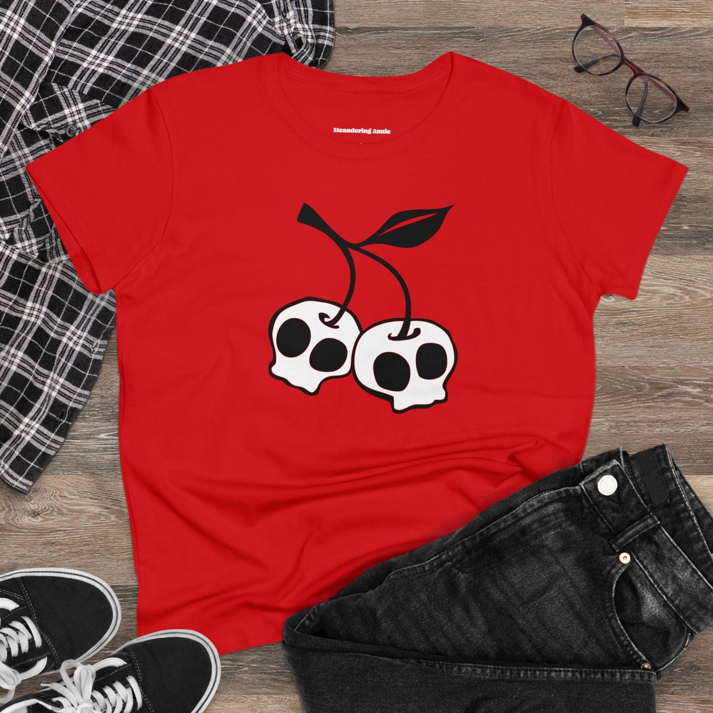 Cherry Skull Ladies Fitted T-shirt Women's Midweight Cotton Tee with Skull Cherries Print