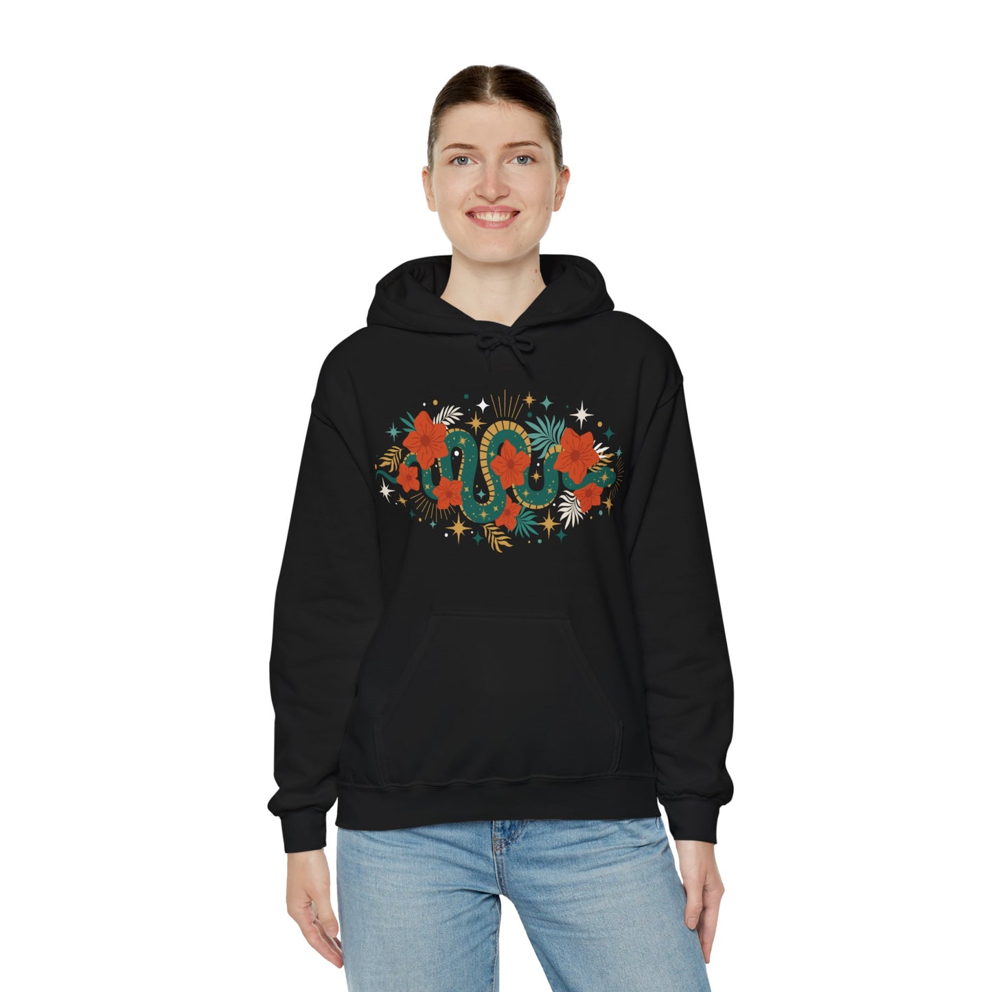 Mystic Jade Snake & Flower Unisex Hoodie, Boho Pullover Hooded Sweatshirt, Bohemian Witchy Snake Print Hoodies